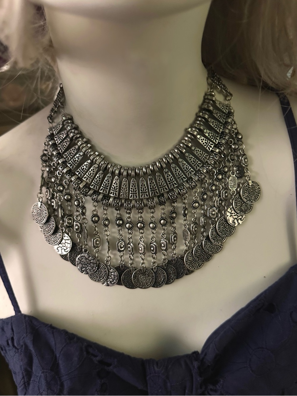 Coin Charm Necklace Adjustable Length Silver-Tone EUC